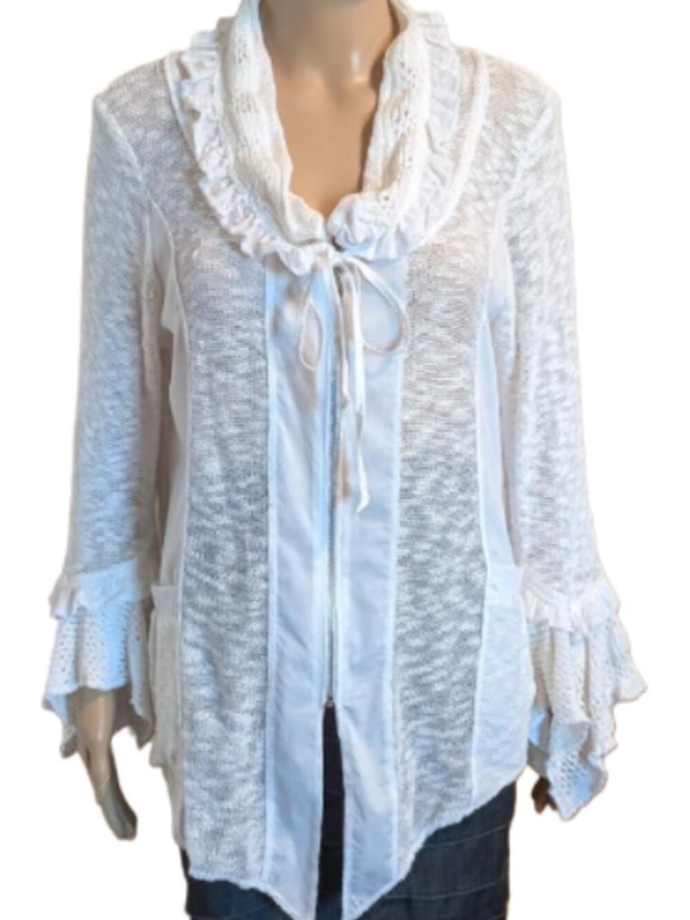 Linea Domani White Boho Ruffle Zip Cardigan Romantic Cottagecore Top NWT
